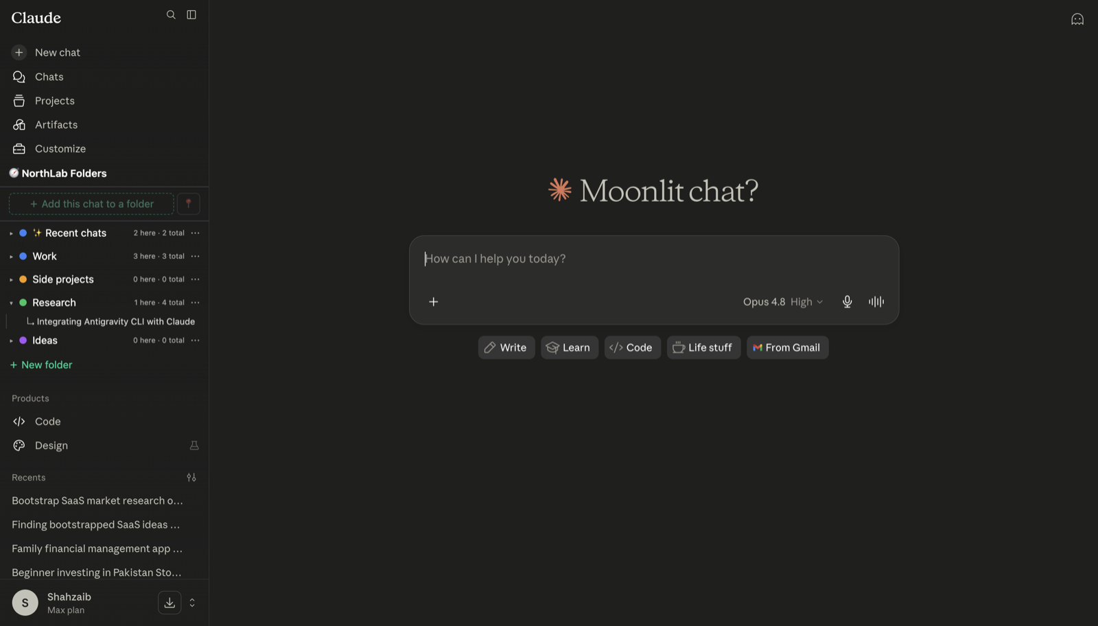 Claude sidebar showing folders and organized conversations